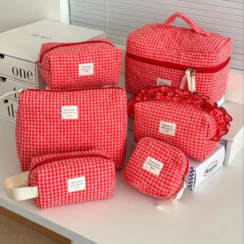 Red gingham quilted makeup bag set — multi-size portable travel cosmetic organizer, cute cloth toiletry storage bags for women