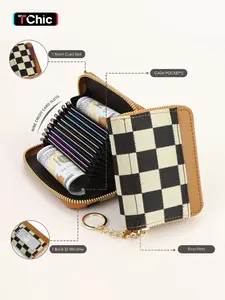 Checkered Women's Solid Color Zipper Credit Card Holder, Fashionable Short Wallet with Wristlet, Casual Versatile Card Holder for Daily Used