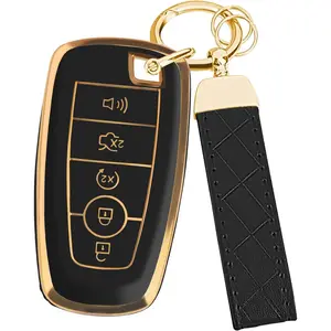 Key Fob Cover for Ford Explorer Maverick Mustang Fusion Escape Edge F150 F250 F350, Premium TPU Key Fob Protector with Leather Keychain & Screwdriver, Slim Fit 5-Button Remote Case (Black)