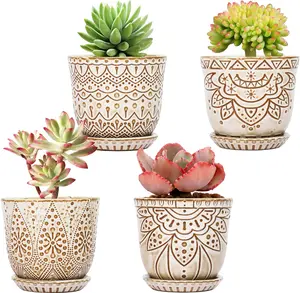 4 Pcs Ceramic Planter Pot with Drainage Holes and Saucers for Plants- Creamy White 4 Inch Decorative