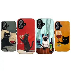 Funny Black Cat Phone Case, Cocktail Martini Wine Lover Aesthetic Phone Case for iPhone 17 16 15 14 13 12 11 Promax Plus Pro & SS S22-S25 Plus Ultra, Martini Lover Cat Aesthetic Tough Case, Perfect Gift for Cat Lovers, Gift for her - him