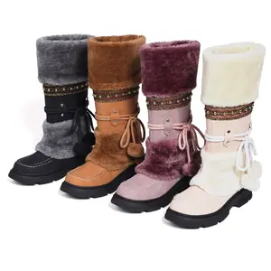 Womens Mid Calf Boots Rounded Toe Chunky Platform Heels Fashionable Furry Plush Fur Snow Winter Boot Pull On Plush Pom Pom Balls Lace Up Comfy Warm Cozy Party Casual Clubbing Outing Winter Chilly Day Booty