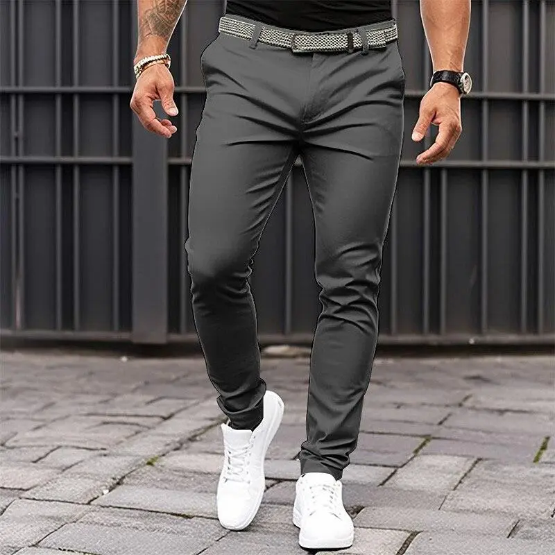 Men's Slim Fit Stretch Chinos - Solid Color Business Casual Knit Trousers with a Mid Waist and Pockets, Men's Pants