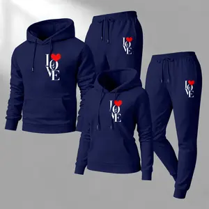 Couple's LOVE Print Hooded Sweatshirt and Drawstring Sweatpants Set, Casual Sportswear, Long-Sleeve Hooded Jacket and Pants, Suitable for Autumn and Winter, Everyday Wear, Tracksuit, Casual Athletic Wear