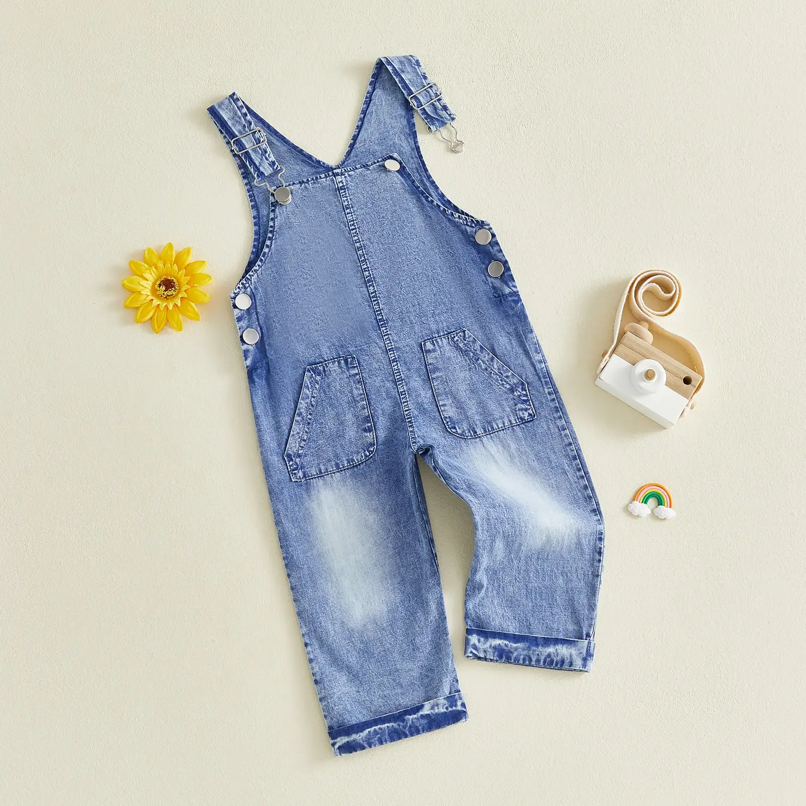 Baby Toddler Denim Overalls - 90% Cotton, Ripped Denim Look, Workwear Style Outfit for Boys & Girls