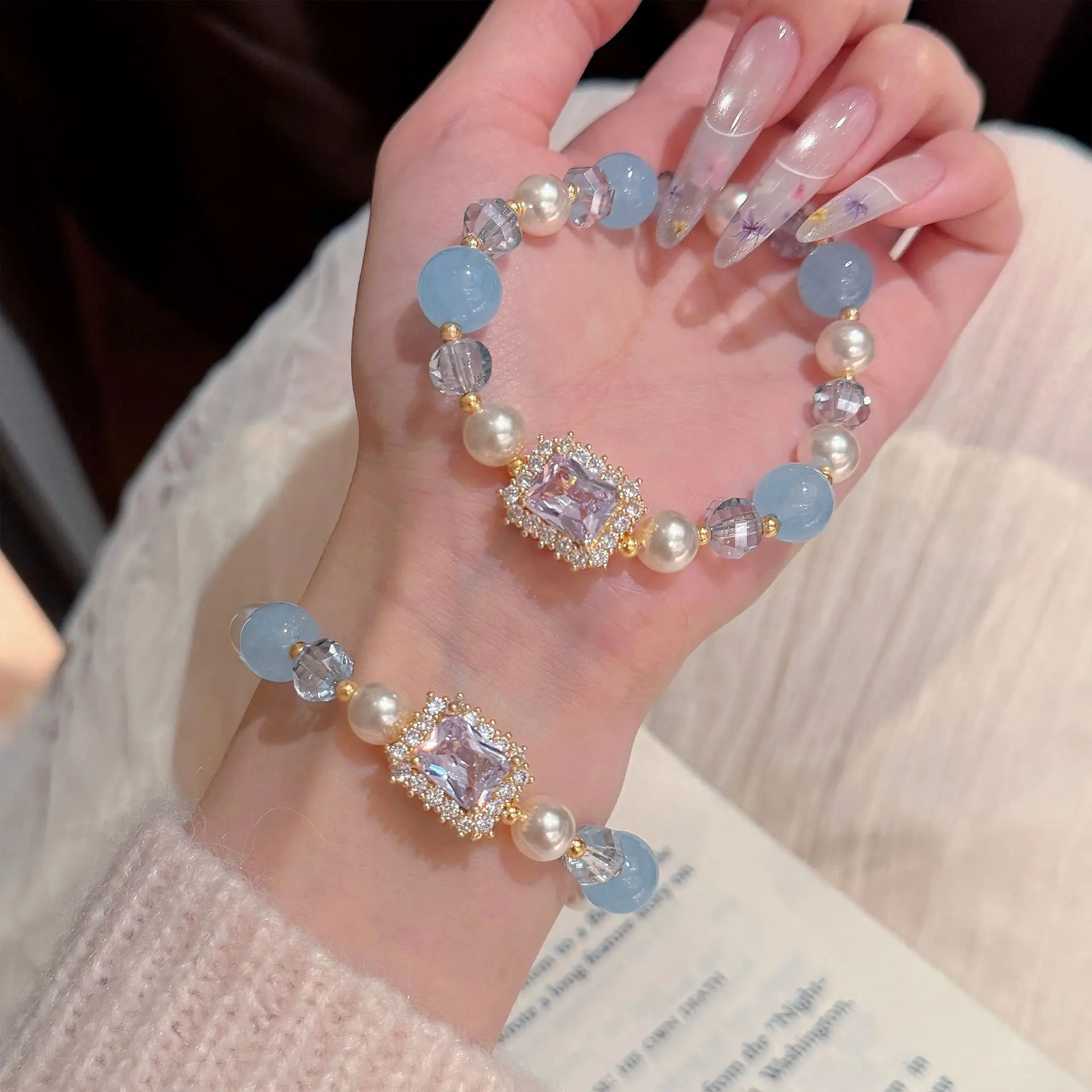 2026 Trend Coquette Aesthetic Gold-Plated Bracelets - Light Blue Smooth Stone, Clear Crystal, Faux Pearl, Square Pink Zircon Hand Jewelry for Daily Wear, Wedding Party