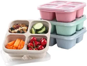 4 Pack Snack Containers Divided Bento Lunch Box with Transparent Lids Reusable Meal Prep Containers for Kids & Adults Non-BPA 4 Compartment Food Storage Tableware Set