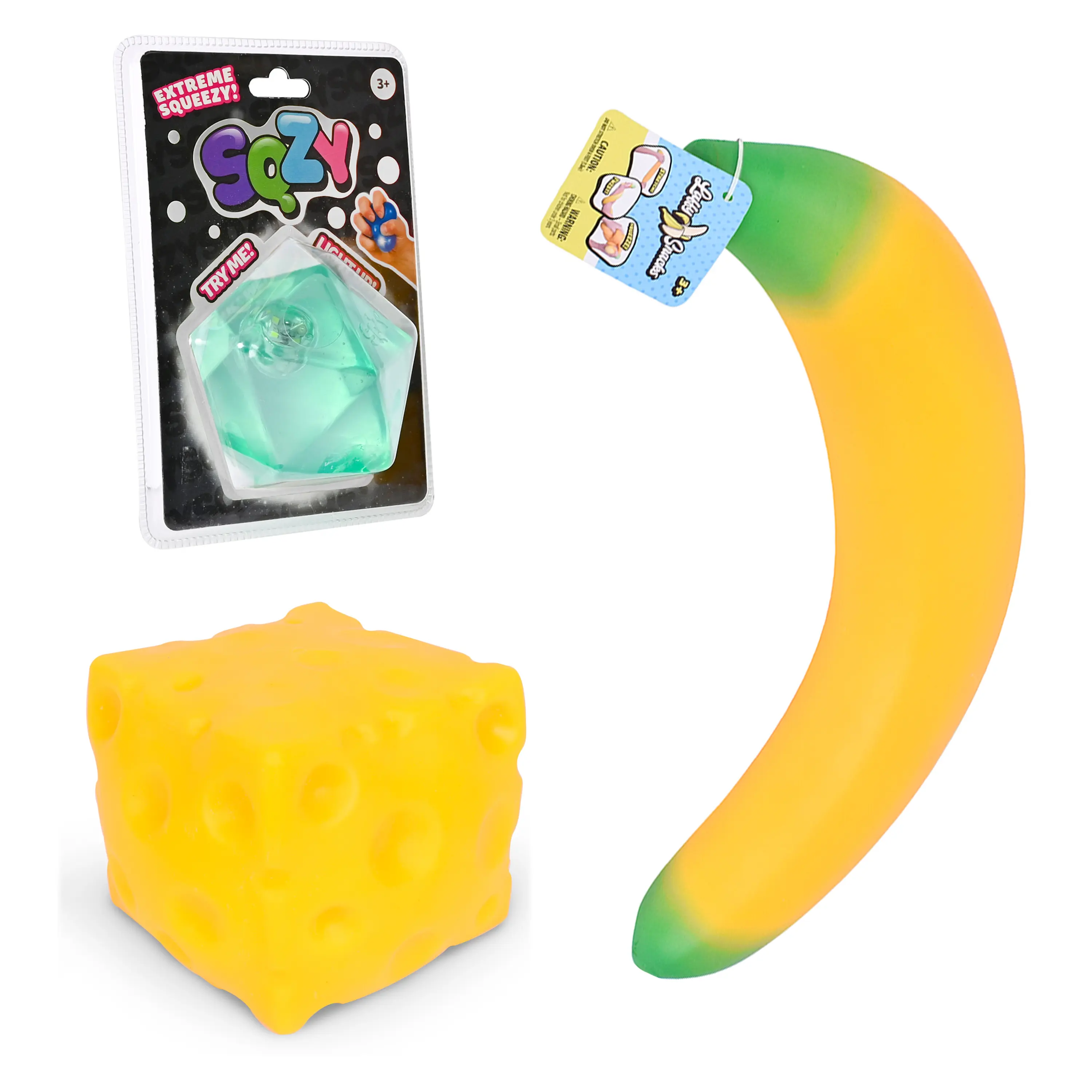 Toymendous Squishy Bundle, 3 Pack Sensory Fidget Toys with Banana, Cheese & SQZY Gel Gem Decahedron Squishies Cheese Squishy Kit