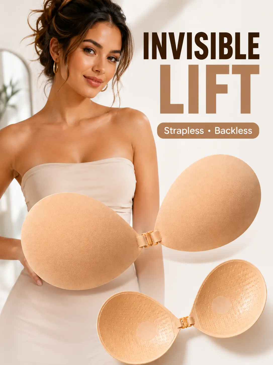Adhesive Sticky Bra Women Strapless Silicone Push Up Bra Invisible Backless Bra with Front Closure – Reusable Waterproof No Show Bra for Wedding Dress & Daily Use Outfit Smooth