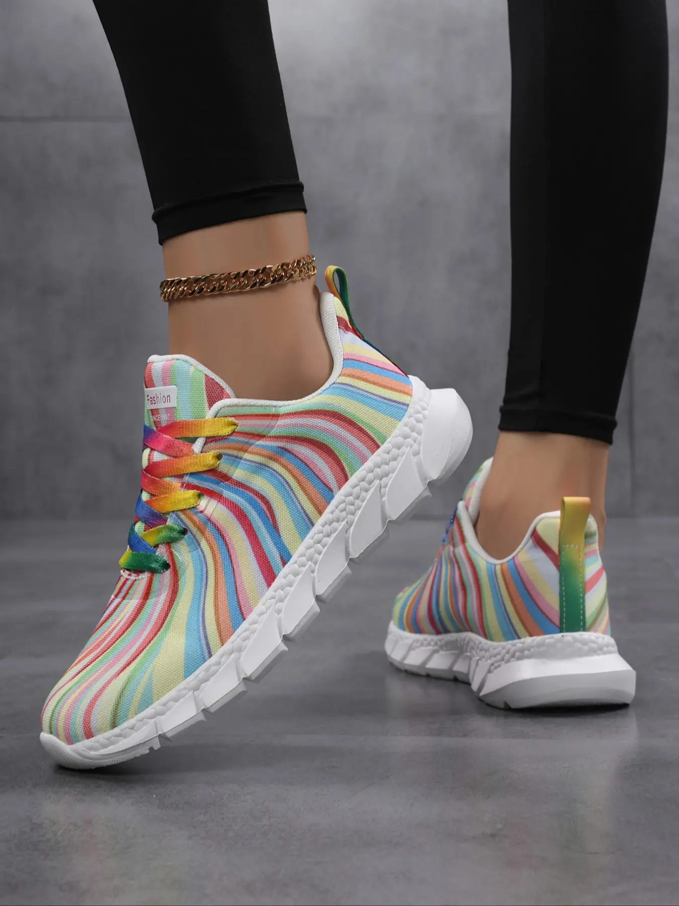 Women's Rainbow Flat Colorblock Sneakers, Fashionable Comfort Breathable Design, Striped Jelly Sole, Lightweight Casual Shoes for Daily Wear & Outdoor Sports