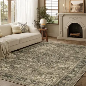 PureCozy Vintage Area Rug Pet friendly Rugs Neutral Home Decor Brown Bedroom Rug Indoor Washable Living Room Carpet Tribal Distressed Rug Retro Accent Throw Rug for Office Dining Room Bathroom Faux Wool