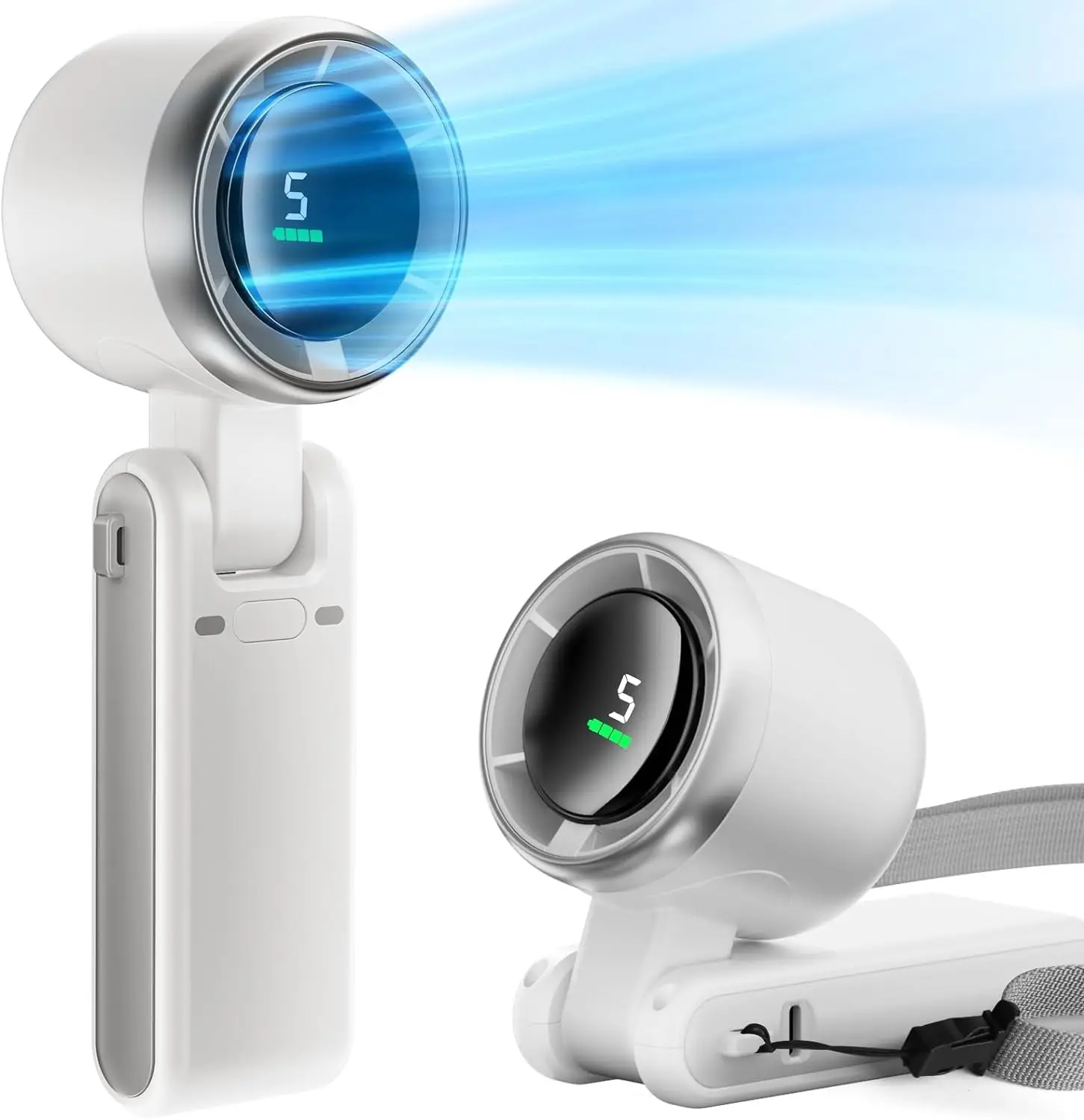 Portable Handheld Fan, Foldable Strong Winds Rechargeable 4000mAh 5 Speeds Mini Turbo Fan, Digital Display, 5 Speed Adjustable Personal Small Pocket H