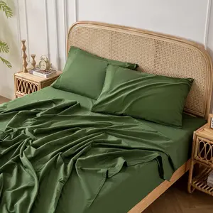 Green 100% Washed Cotton Feel Sheet Set Full Size, 4 Pieces Deep Bed Sheets Soft Breathable Hotel Bedsheets