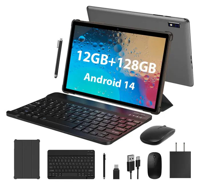 POWMUS 10.1-Inch Android 14 Tablet with Keyboard, Mouse, Stylus & Case, 6GB RAM (Up to 12GB) + 128GB Storage (1TB Expandable), 8000mAh Battery, Dual WiFi, Bluetooth 5.0, GPS, WiFi Tablet for Work, Study & Entertainment