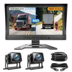 ConewVehicle 2CH AHD Camera Wired Backup Camera System Dash Cam for Truck/RV/Trailer/Bus/Tractor 10.1" Monitor Loop Recording BSD system Split Screen 1080P Rear View & 2 Side View Camera Night Vision IP69 Waterproof