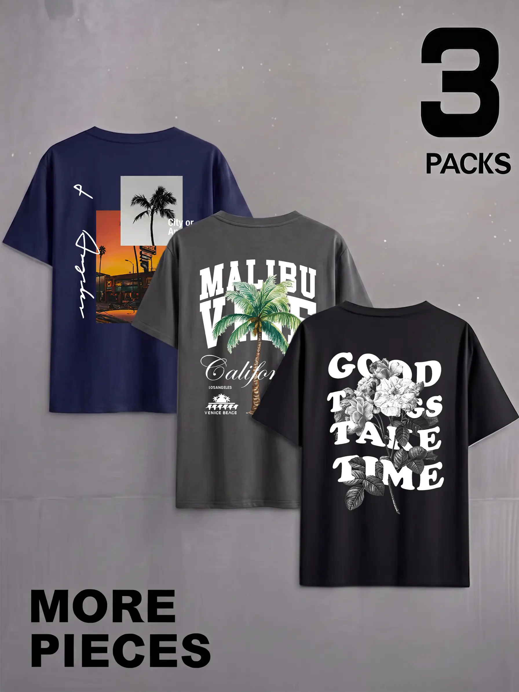 Men's 3-Pack Retro California Graphic T-Shirts - Casual Short Sleeve Crew Neck Top, Loose Fit Quick-Dry Polyester Blend for Summer Leisure, Tshirt, Shortsleeve, Round Neck, Menswear, Mixed Colors, Fabric, Retro Print