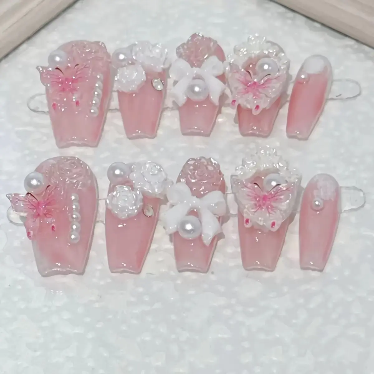 10pcs high-end Rose jelly butterfly handmade fake nails, Pink-themed nail decoration patches for teenagers, Transferable Nail Art