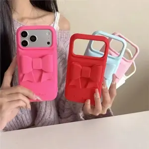 Simple Solid-Color Cartoon Silicone Bow Protective Phone Case Accessories For iPhone 17 16 Pro Max 15 14 Plus 12 13 14 15 Pro Max  Soft, Shock-Resistant Shockproof Back Cover