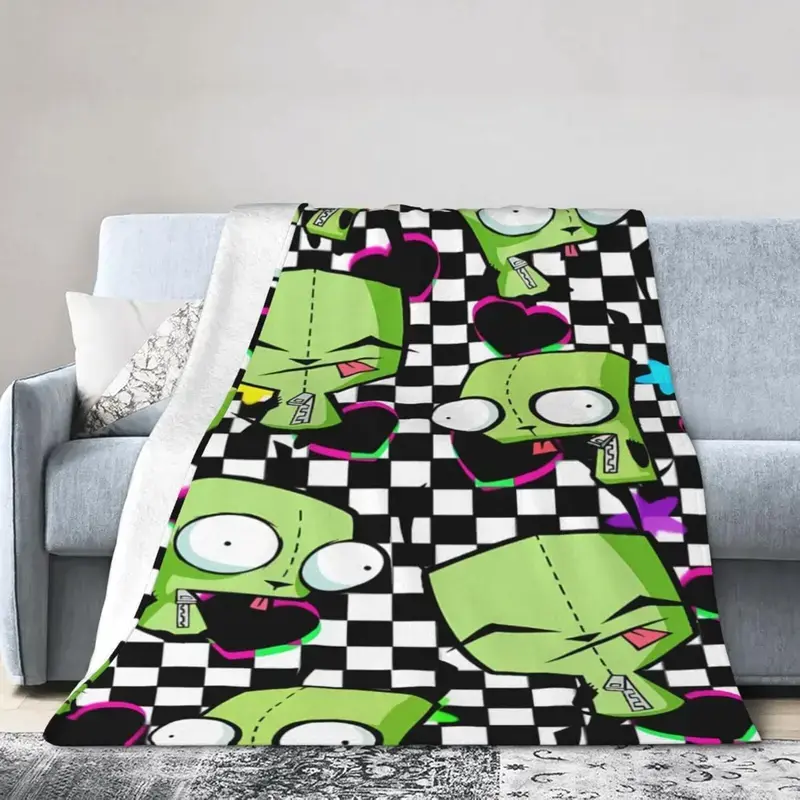 Quirky Green Bot Throw Blanket – Y2K Cartoon Style with Checkerboard & Neon Hearts – Soft Cozy Flannel for Bed, Couch, or Dorm Room Decor – Fun Gift for Boys Girls Teens, Anime Lovers, and Alt Aesthetic Fans