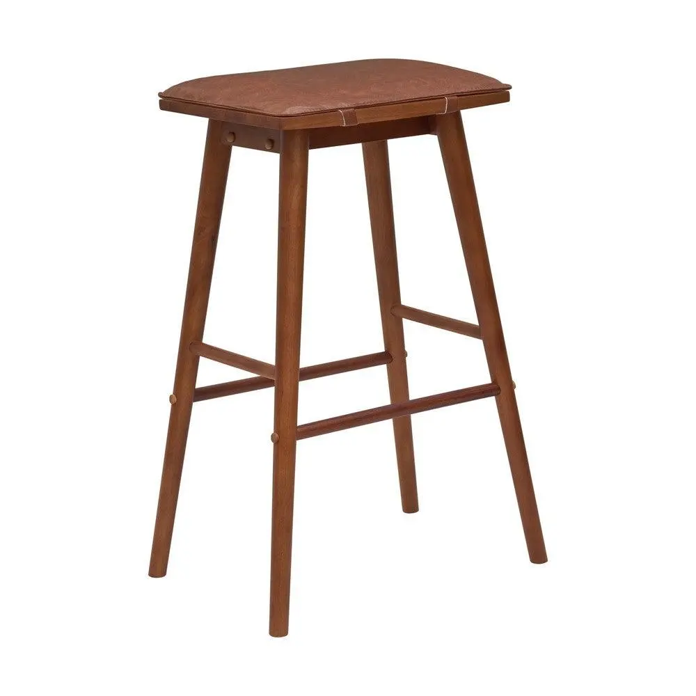 Peroni Mid Century Backless Solid Wood Bar Chair - PU Leather Saddle Seat with Removable Cushion, Assembly Required for Home Bar, Farmhouse Kitchen Chairs with Cushions, Angled Legs