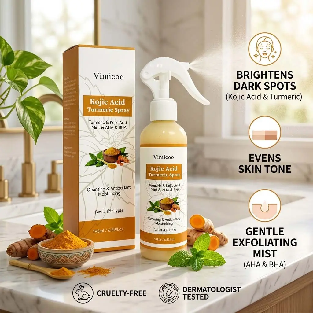 Vimicoo Turmeric Kojic Acid Exfoliating Body Spray - Instant Peeling Mist for Dark Spots, Dark Knees & Elbows, Brightening Body Cleanser with AHA BHA (6.59 fl oz, US Stock)