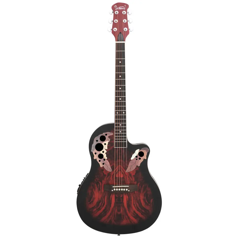 41in Acoustic Electric Guitar with Grape Sound Hole, Spruce Top, EQ Pickup, Round Back Cutaway Design, Sunset Red, Full-Size for Beginners