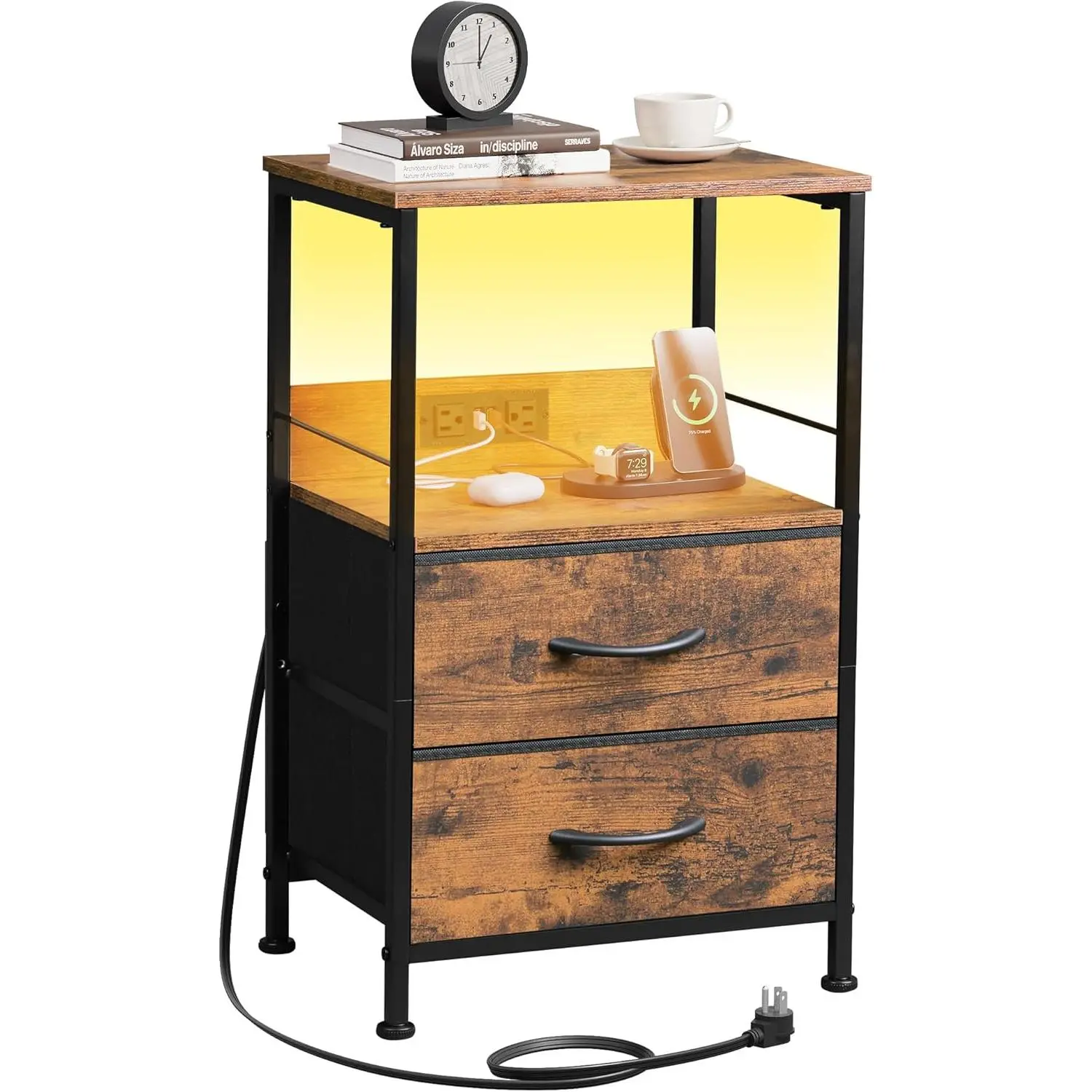 WLIVE Modern LED Nightstand Bedroom Furniture with Charging Station - 2-Drawer Storage, Open Shelf Bedside Table, USB Ports, 55lb Capacity for Small Spaces, Modern Nightstand