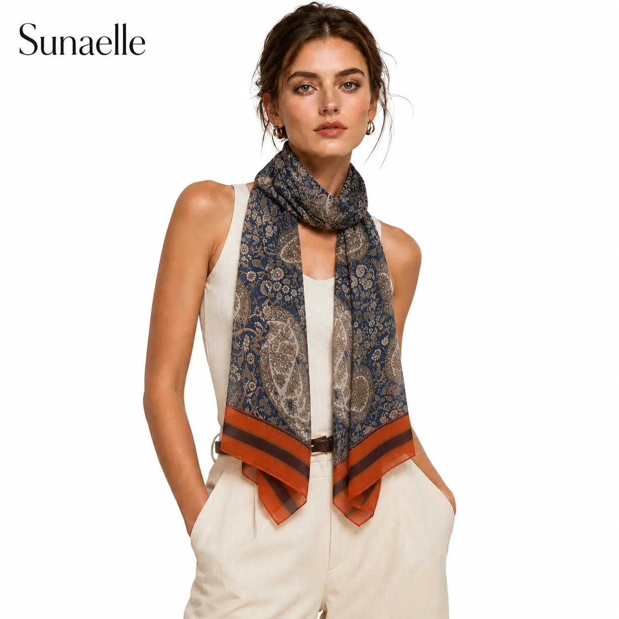 Female Classic Vintage Paisley Graphic Rectangular Silk Scarf - Lightweight, 210cm, 110G, Designer Style Neck Shawl, All Seasons, Commute & Daily Use, NAVY AN1005