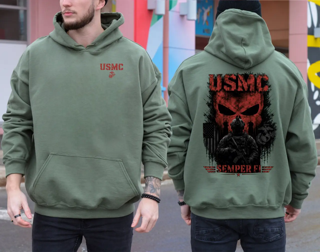 USMC Semper Fi Punisher Skull Hoodie, Marine Corps Veteran Graphic Hoodie, Military Tactical Skull Hoodie, Patriotic Warrior Graphic Pullover, Veteran Inspired Outdoor Sweatshirt, Combat Style Gift for Men & Women