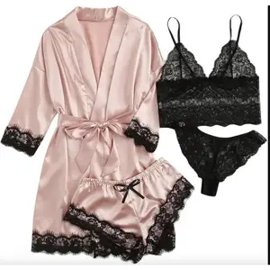 Women's Silk Satin Pajamas Set 4pcs Lingerie Floral Lace Cami Sleepwear with Robe FallFreshness Basic Minimalist - Womenswear