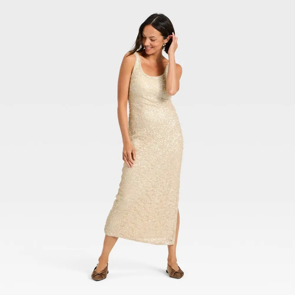 Women's Metallic Sequin Slip Maxi Dress - A New Day, Comfortable Pullover Garment with Statement Design