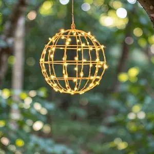 Globe and Glow 12″ Battery Powered LED Outdoor Light Balls Handcrafted Metal Yard & Porch Decorations for Festive Nights 200 Warm White Outdoor Weatherproof Ornaments.  Perfect for Weddings, Events and Backyard ambiance!