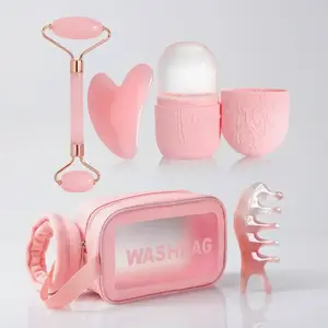 5pcs Face Skin Care Ice Facial Roller Set, Silicone Ice Mold, Facial Massage Tools, Clear PVC Storage Bag, Roller Massager & Gua Sha Board