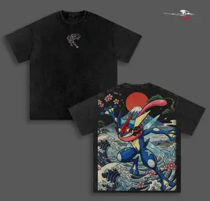 GreninjaPokemon Anime Double Printed Vintage Washed Tee Unisex Oversize Heavyweight Cotton T-shirt for Anime Fans and Lovers