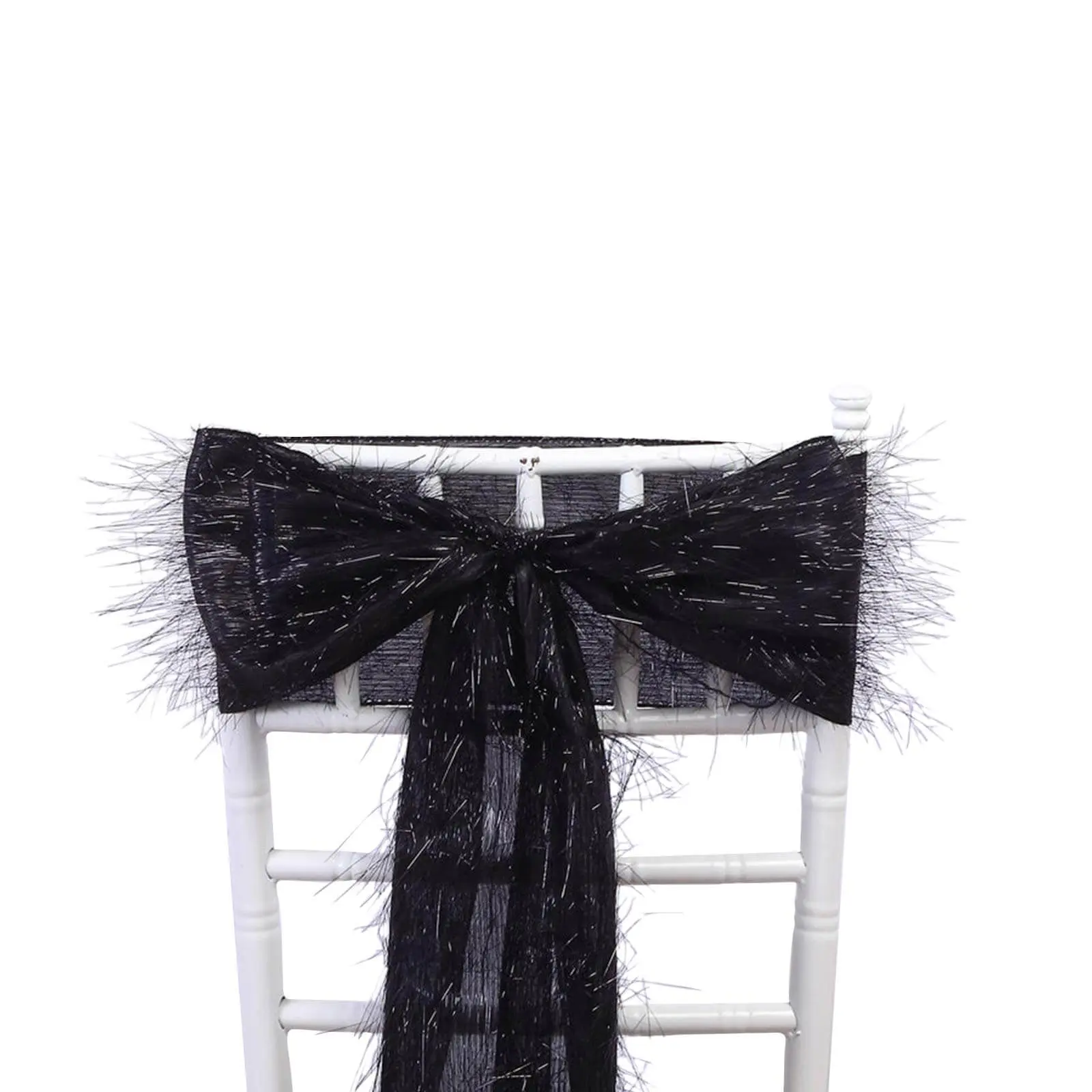 Black Metallic Tinsel Fringe Polyester Chair Sashes, 5-Pack 6"x108" Easy-to-Use Chair Bows for Happy Birthday, Party, Thanksgiving, Graduation Events, Graduations