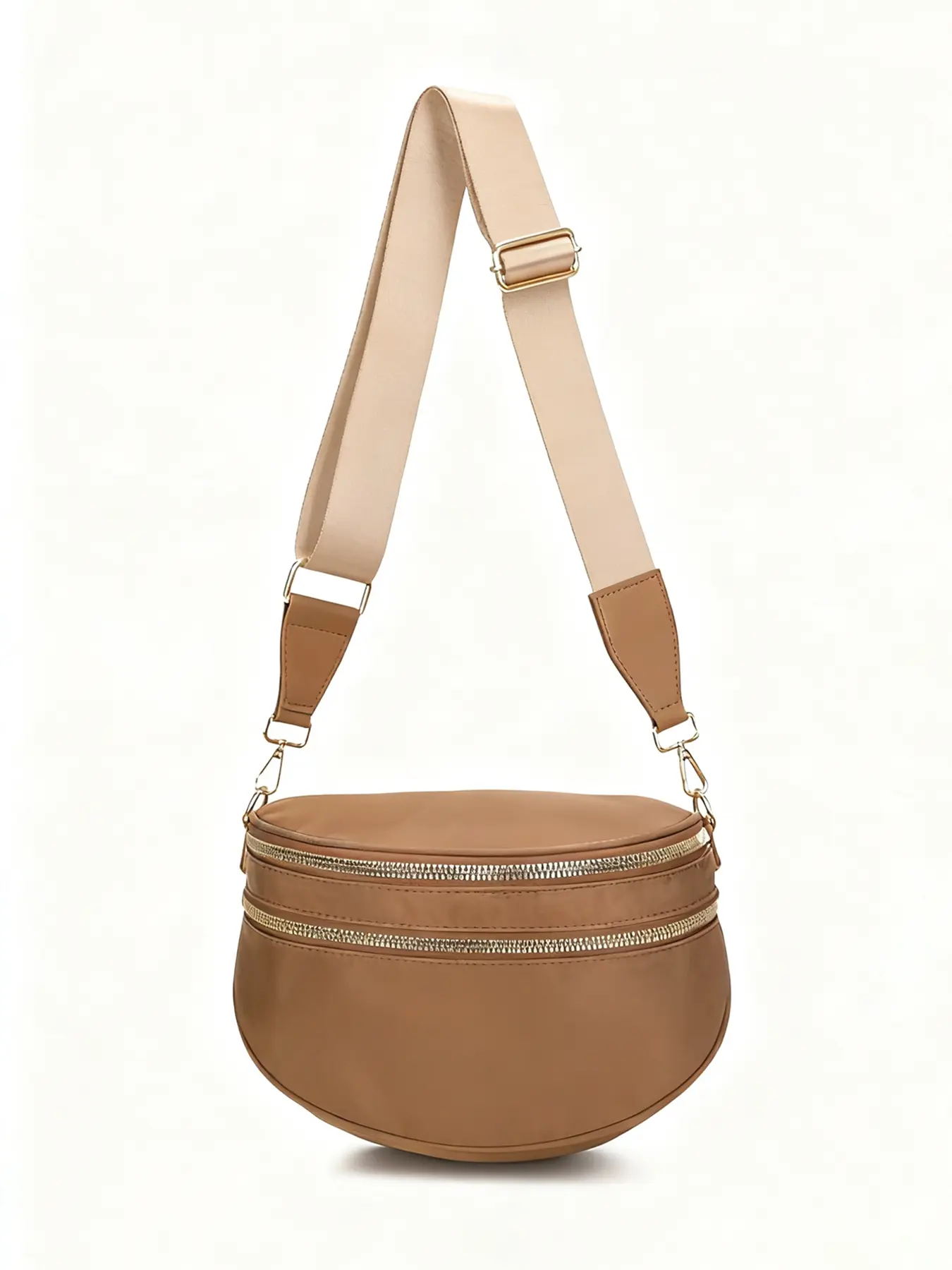 Simple retro double zipper design single shoulder bag, Casual shoulder bag, wide shoulder strap comfortable and adjustable, semi-circular design, leisure commuting, suitable for shopping, travel