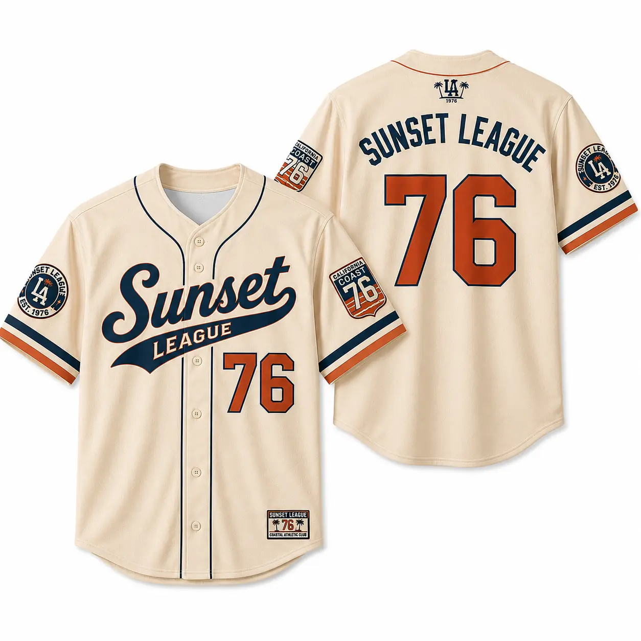 Men's 2026 Sunset League Cream Short-Sleeve Button-Down Baseball Jersey, Retro Coastal Graphics Sports Shirt, Navy Orange 76 Number Print, California Coast Style Casual Game Day Apparel