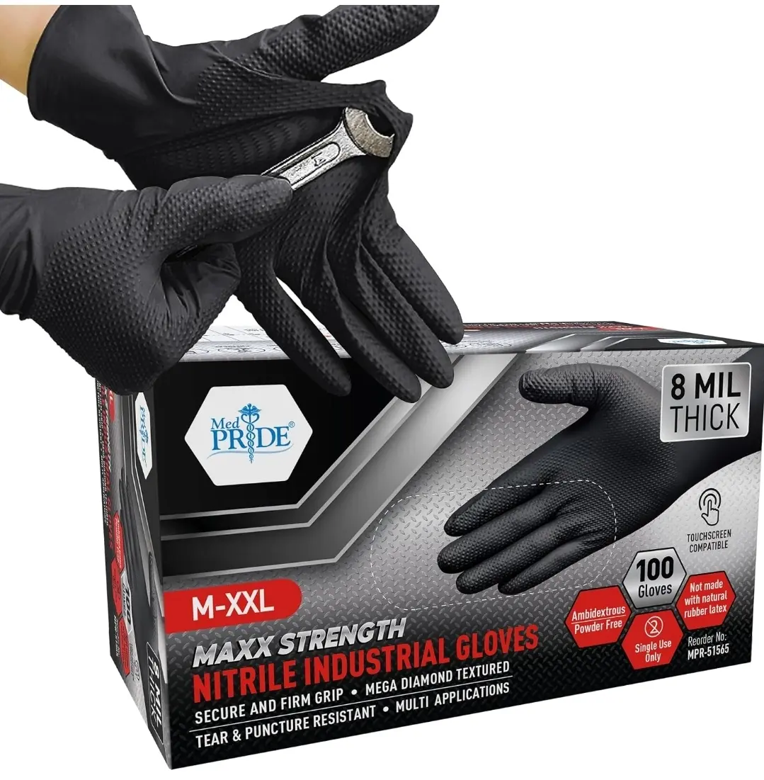 PRIDE Maxx Strength Nitrile Industrial Black, 8 Mil Thick - Diamond Texture Disposable Heavy-Duty, Tear-Resistant