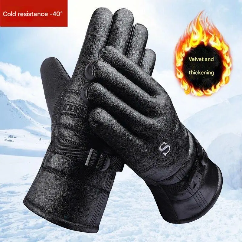 Adults' Unisex Solid PU Leather Winter Sports Gloves - Waterproof, Windproof, Thermal, Touchscreen Tips for Cold Weather Biking, Camping, Festivals, Cold Resistance, Fishing, Friends, Wind-Resistant, Outdoor Sports