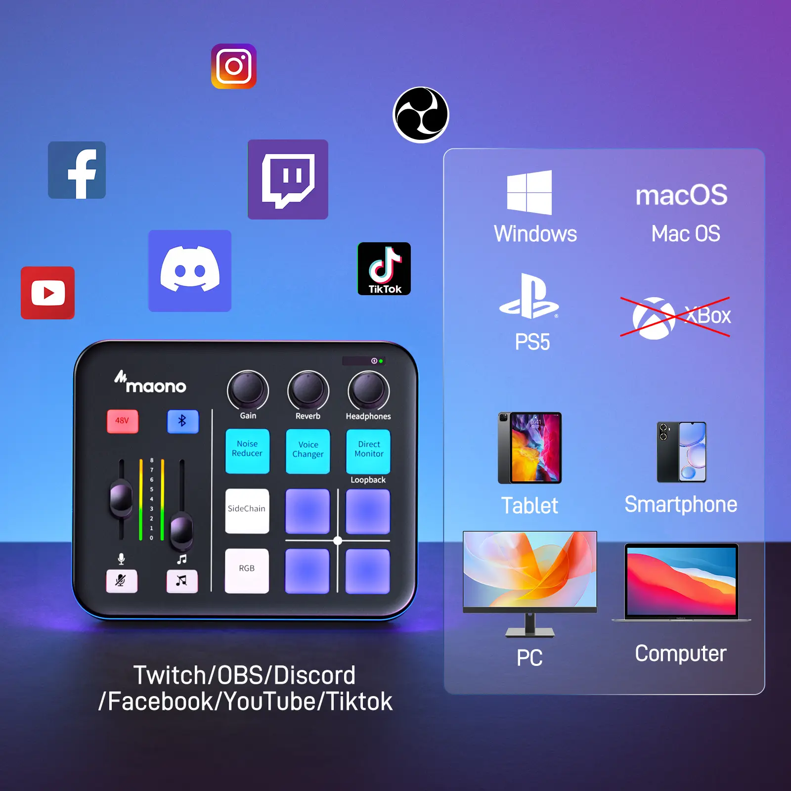 MAONO G1 NEO RGB USB Pro Sound Mixer - 4-Channel Stereo Amplifier with Bluetooth, Noise Reduction, 3.5 mm Jack, Music Recording Equipment, Manufacturer Warranty, Compatible with PC, Smartphone, XLR Microphone, Ideal for Gaming, Podcasting