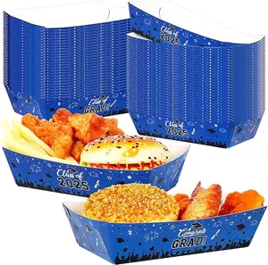 50 PCS Graduation Decorations Class of 2025, 2 Style Class of 2025 Plates, Blue and Black Food Paper Trays Grad Plates, Easy to Assemble Blue Graduation Decorations Grad Table Decor