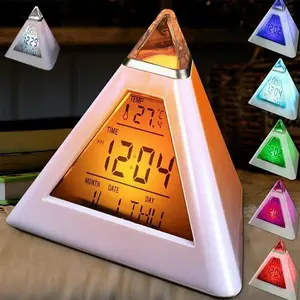 OUTGOODS Triangle Color Changing Alarm Clock with LED Display - Digital Pyramid Shape, 7 Colors Changing, Music Alarm, Snooze Mode, Interval Setting