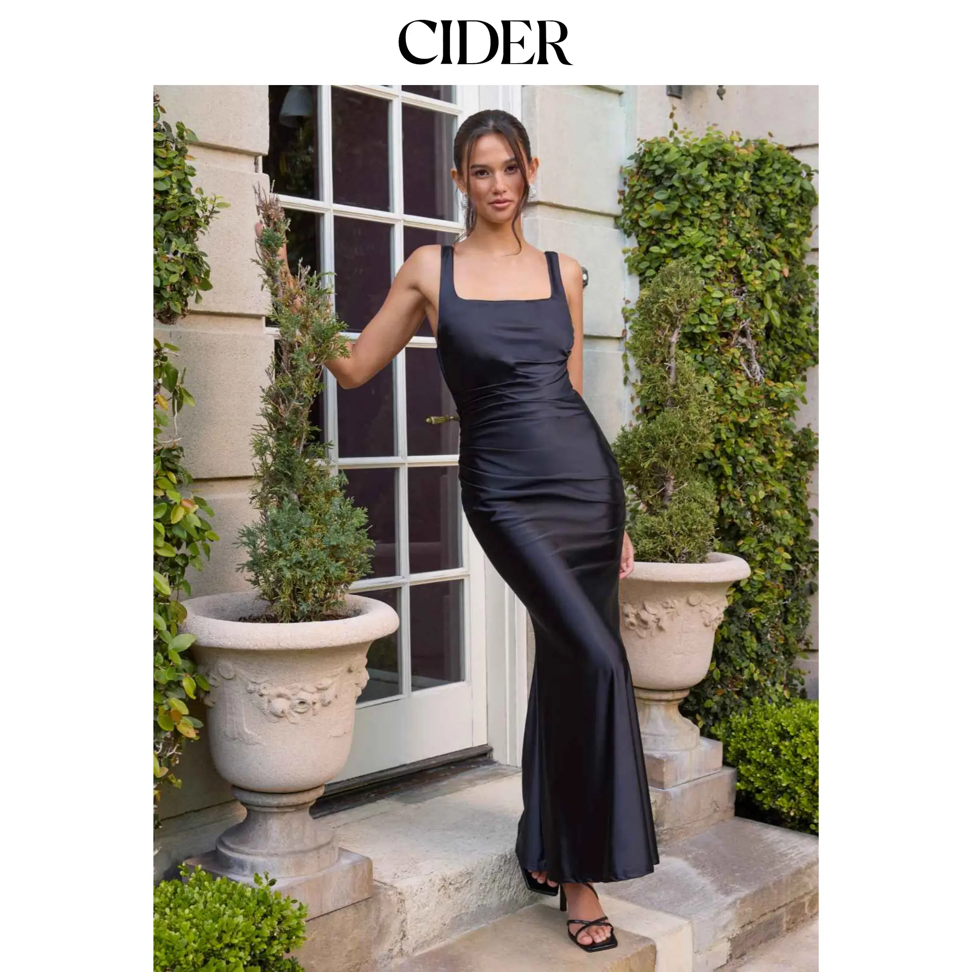 Cider Women's Satin Mermaid Maxi Dress - Long Ruched Square Neck Gown in a Knitted Polyamide Elastane Blend, Mermaid Dress, Elegant, Plain, Sexy, Shirred