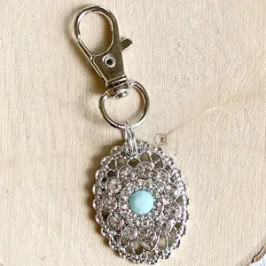 Western Rhinestone Purse Charm - Large Silver Toned Boho Medallion with Faux Turquoise Bead & Rhinestones Zipper Pull for Western Lovers