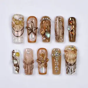 Seamyst Ocean Press On Nails Handmade 3D Seashells, Pearls & Gold Nails Art Gift For Her