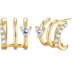 MILACOLATO S925 Sterling Silver Earrings Hypoallergenic 14K Plated Gold Triple Hoop Huggie Illusion Stud Earrings for Women Trendy Multi Hoops Claw Earrings for One Hole Lightweight Jewelry Gift, Earring For Women, Adjustable