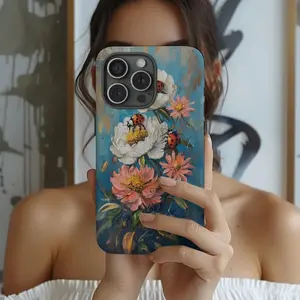 Honeybees Ladybugs & Peonies Oil Paint iPhone 16 15 14 13 12 Pro Max Tough Cases, Cute Phone Cover