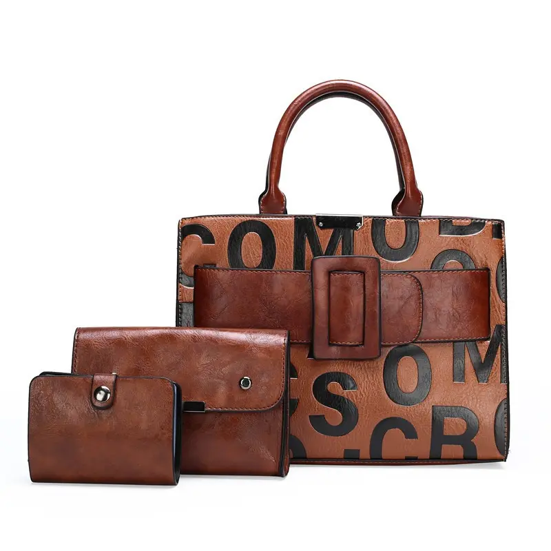 3-Piece Women's Fashion Monogram Embossed Set Large Capacity Tote PU Leather Handbag with Removable Strap for Everyday Use