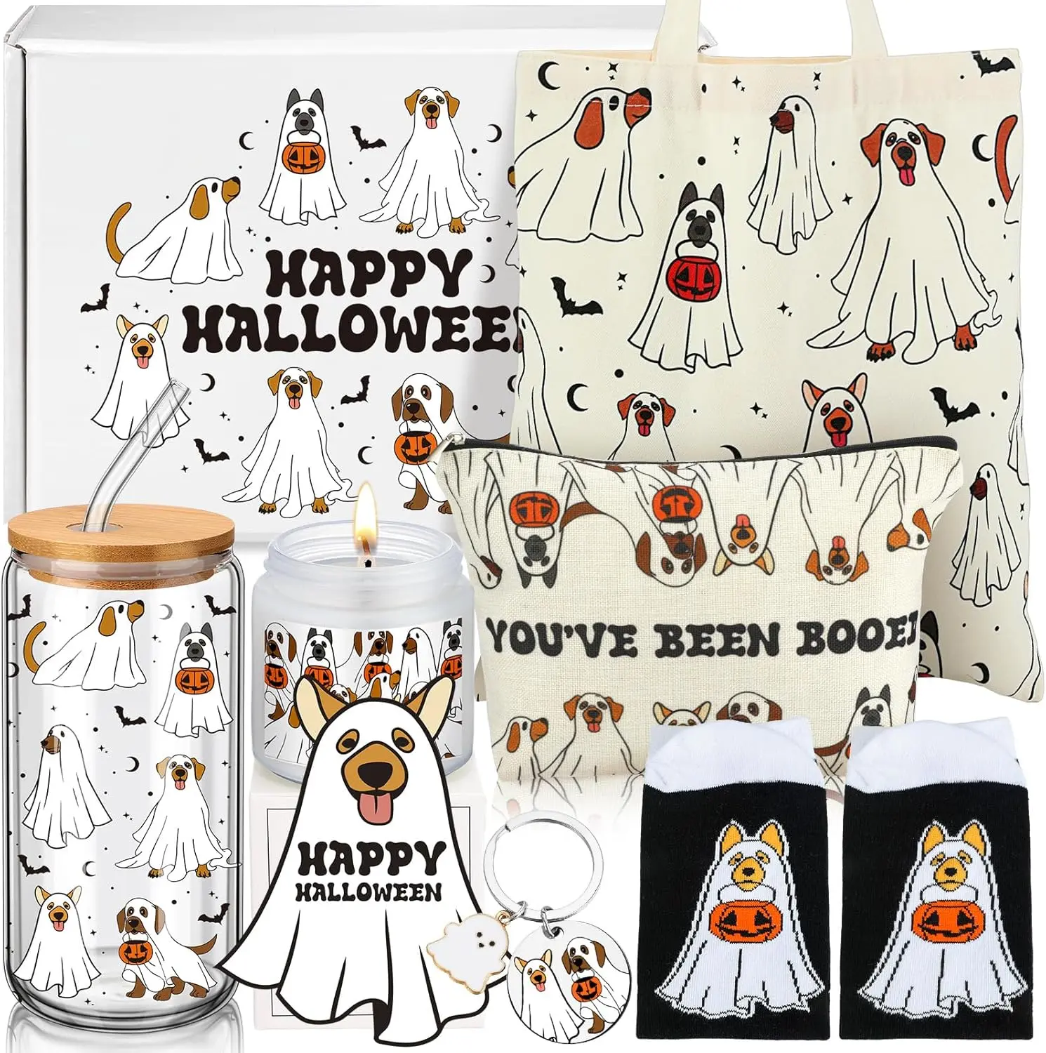 Halloween Boo Basket Gifts Set Spooky Ghost Themed Halloween Gift Box with Ghost Cup Candle Socks Halloween Basket Stuffer Ideas for Women Men Teens Friends Family Coworkers