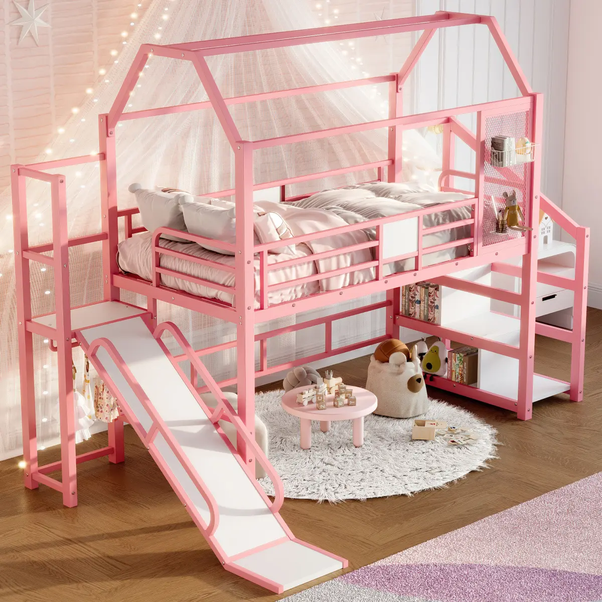 Bellemave Twin /FullHouse Loft Bed with Slide and Stairs Metal Playhouse Bed with Storage Shelves House-shaped Roof Noise-free Design Pink Bedroom Set